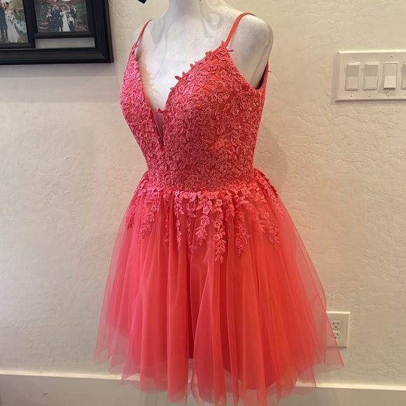 NWOT Coral Lace and Tulle Mini Dress - Picture 2 of 4